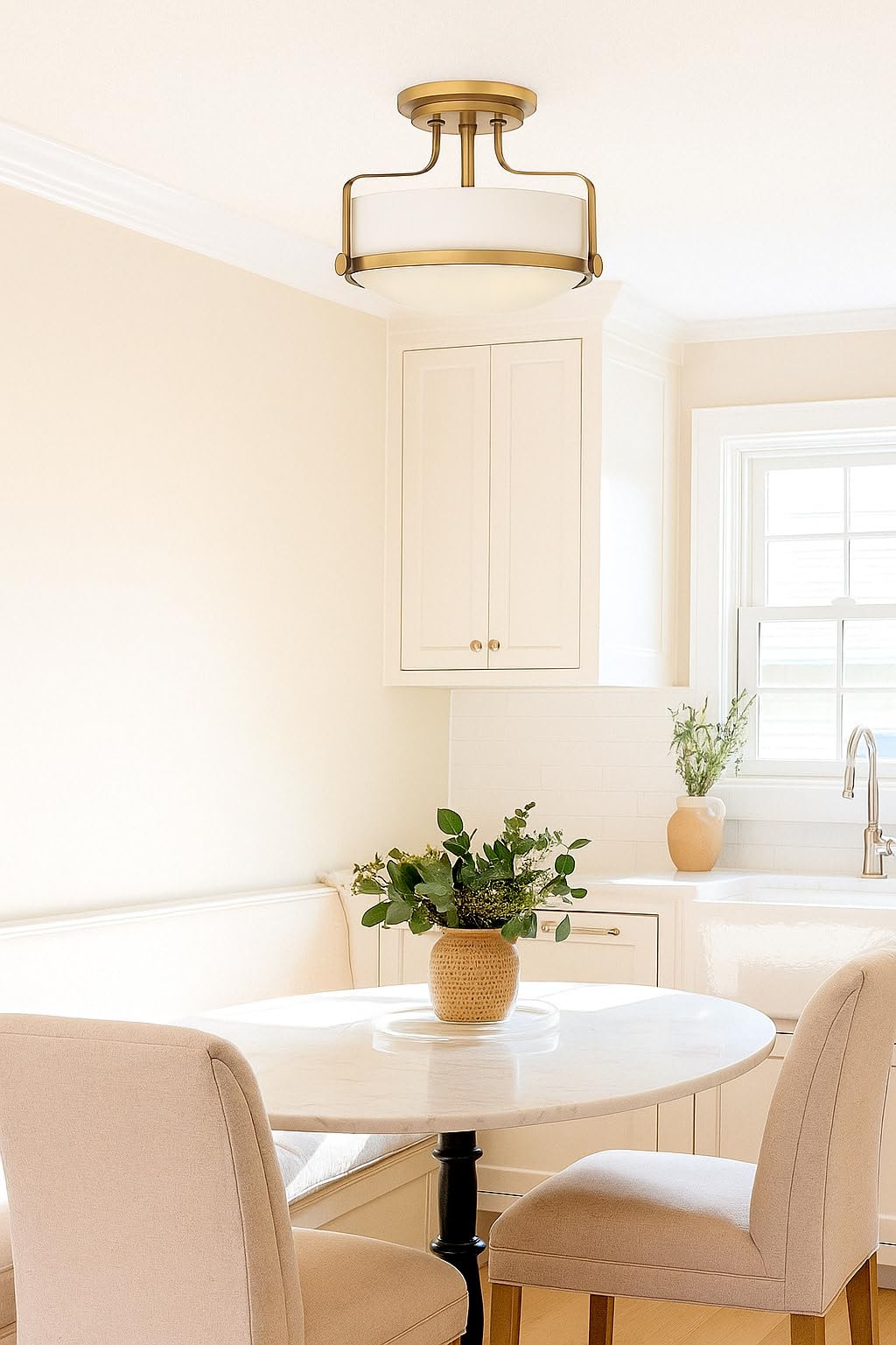Hinkley Harper Medium Semi-Flush Mount Ceiling Light for Kitchen, Bedroom, Bathroom, and Hallway, Sleek, Retro Style Heritage Brass and Etched Opal Glass