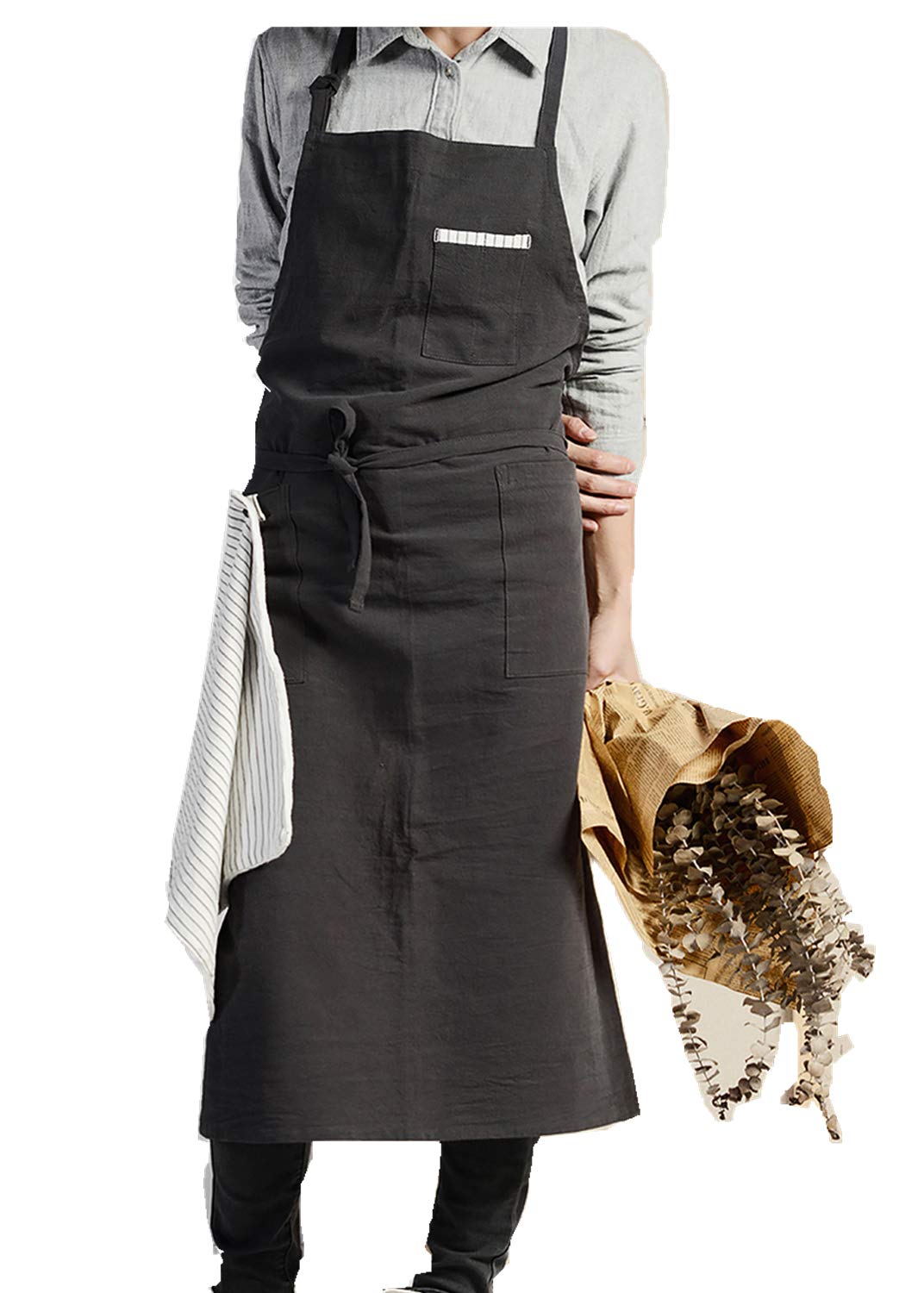 AOBBYBBS Adjustable Japan Nordic Style Soft Cotton Linen Apron with Four Pockets A Towel (Dark gray)