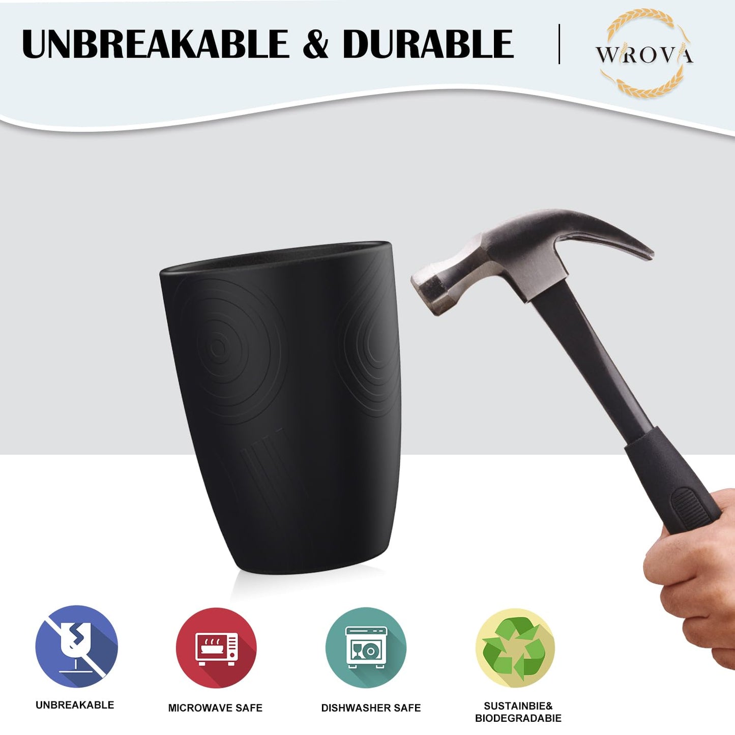 Wrova Wheat Straw Cups 8 PCS Good Alternative to Plastic Reusable Cups 12 oz Unbreakable Drinking Cup Reusable Dishwasher Safe Water Plastic Glasses Pure Black