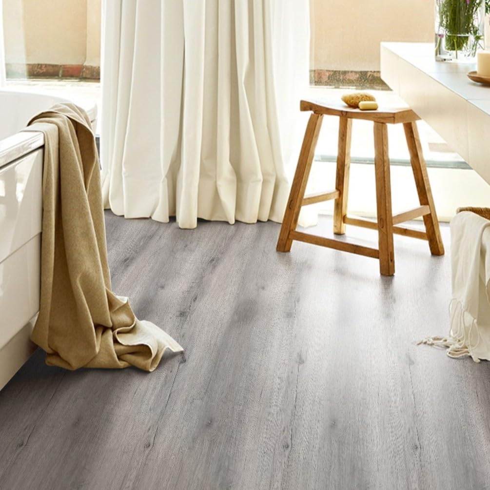 Luxury Thicken Wood Grain Peel and Stick Floor Tiles Self-Adhesive Vinyl Flooring Roll-DIY Easy for Wall and Floor,Hard Surface/Waterproof/Anti Slip (Light Gray Vinyl Flooring, 17.72 "W x 393.7" L)