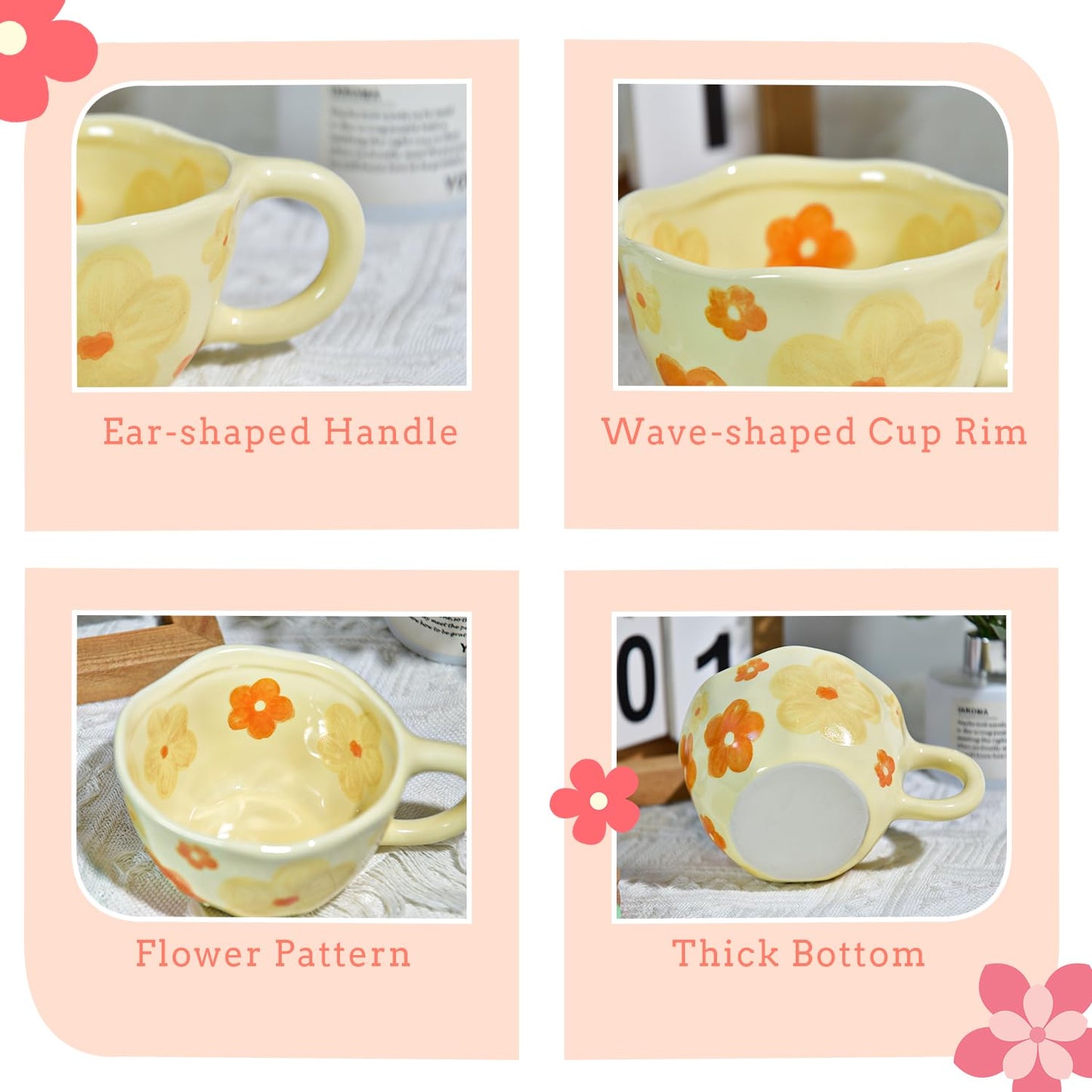 4 Pack Coffee Mug, Ceramic Coffee Mugs, 8oz Cute Espresso Cups, Flower Porcelain Mug Set for Women Girl Tea Cappuccino Latte Gift