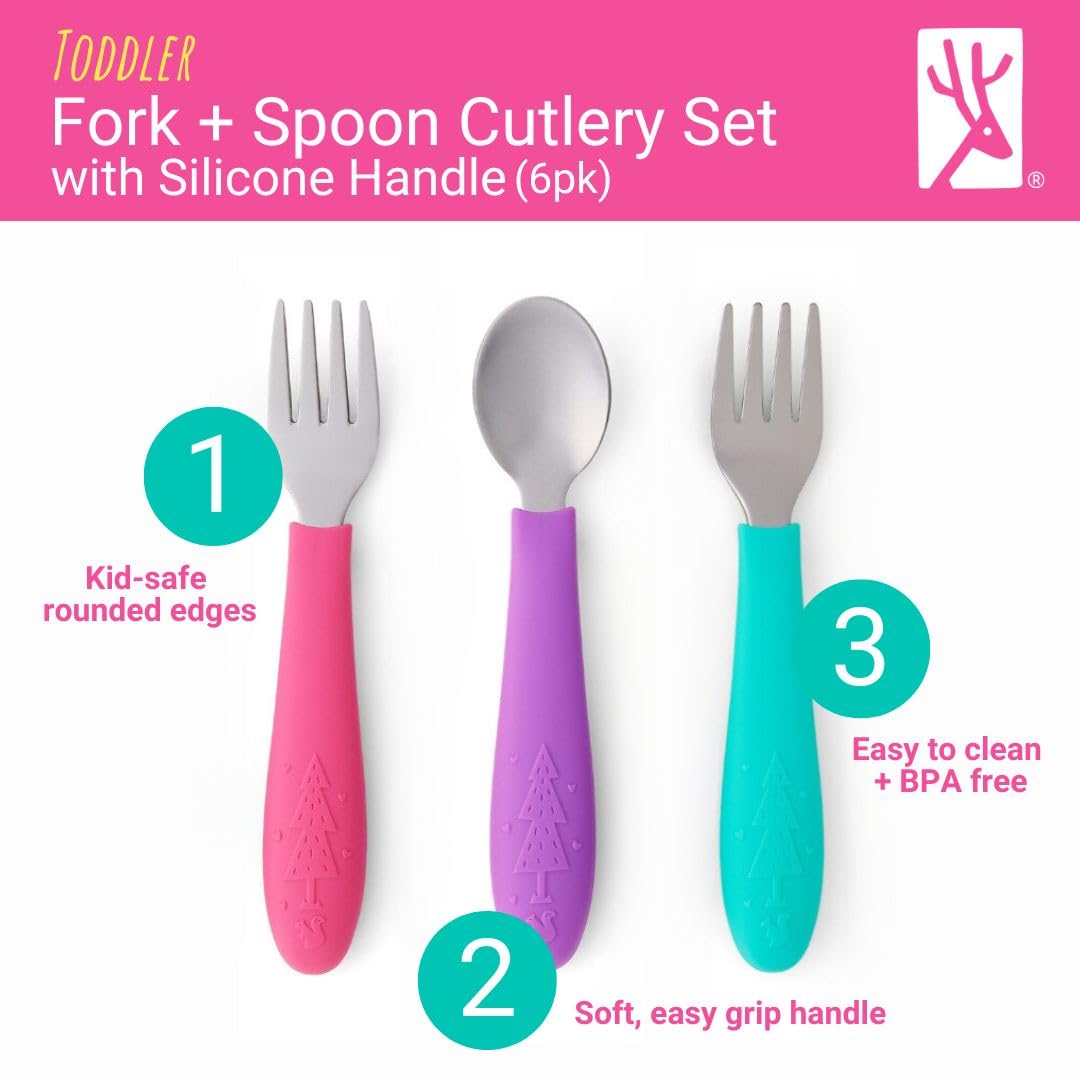 Elk and Friends Kids Silverware with Silicone Handle | Childrens Safe Flatware | Toddler Utensils | Baby Spoons + Forks | Stainless Steel Cutlery | Dishwasher Safe | 6 Pieces