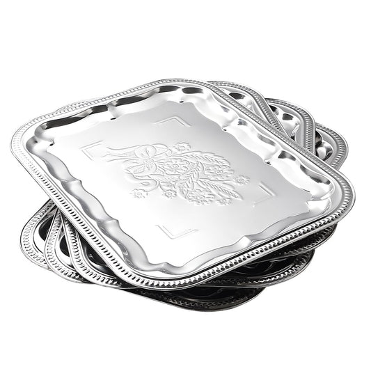 4-Pack 15.7" x 11.8" Silver Serving Trays for Party Set - Floral Engraved Serving Platters, Wedding Birthday Mirror Tray for Summer BBQ, Food, Appetizer, Charcuterie, Cookies, Desserts