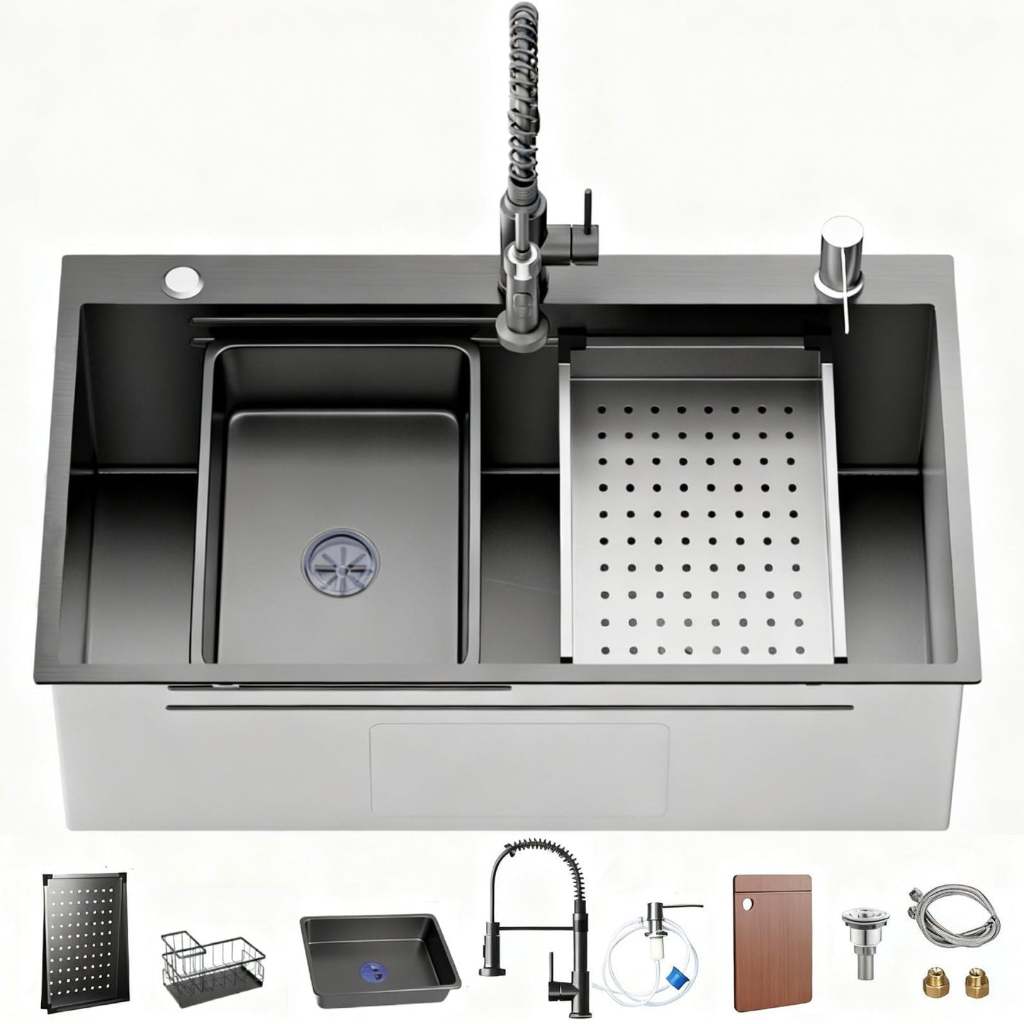 Stainless Steel Kitchen Sink with Faucet: 30-Inch Drop In Single Bowl Farmhouse Workstation Sink - Noise Reducing Design & Accessories Included (Black, 3018)