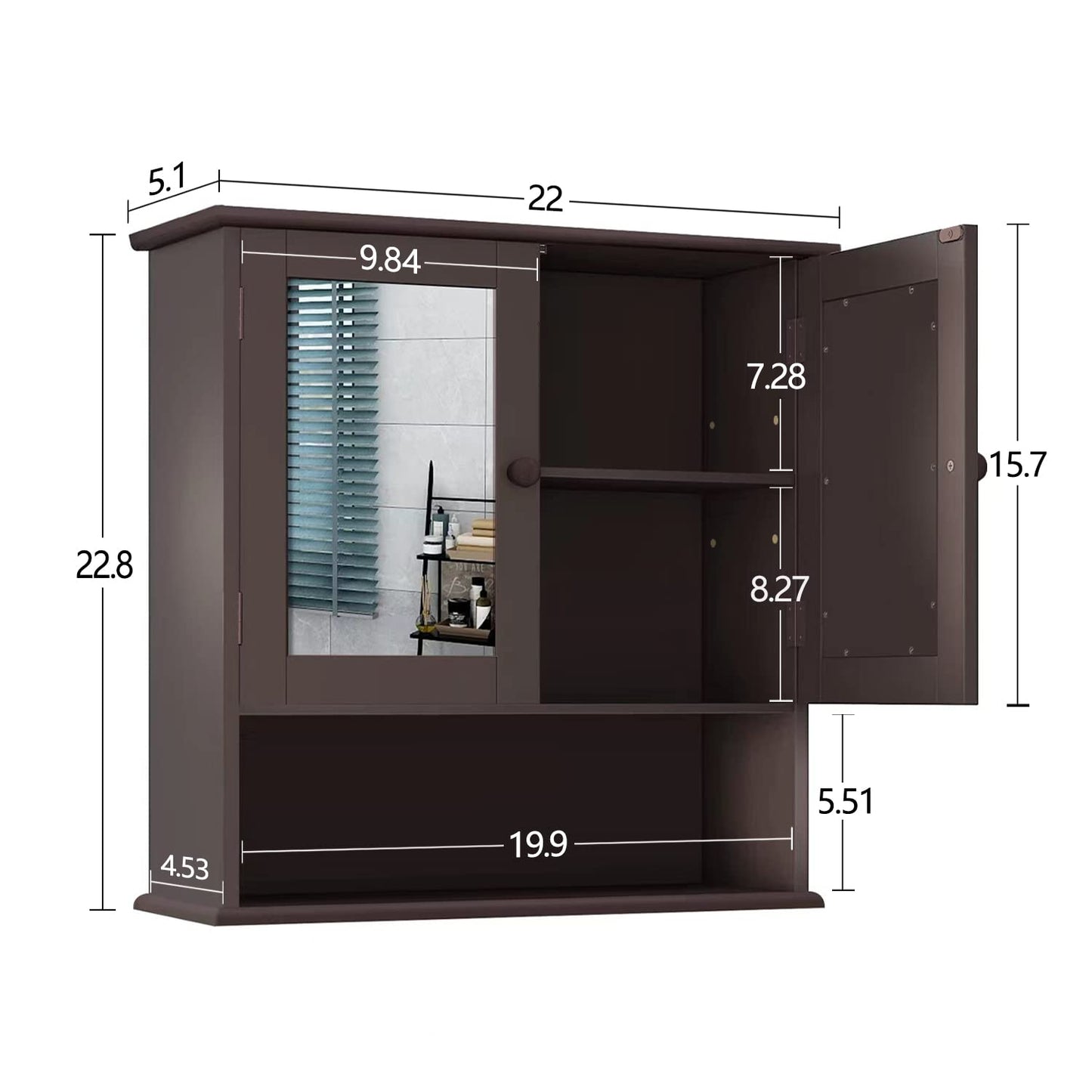 TaoHFE Brown Medicine Cabinet with Mirror - 2 Doors, 3 Open Shelves, Wall Mounted Wooden Storage Cabinet for Bathroom, Laundry Room, Kitchen