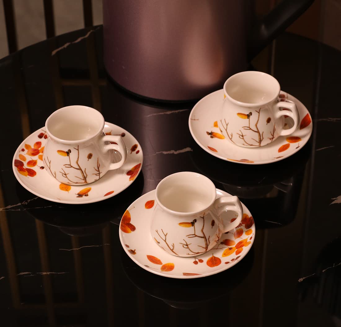 GuangYang 2.5 oz Espresso Cups and Saucers set of 6,Fall Design (Cute Shape for Double Espresso Shots, Ristretto, Macchiato,Café Cubano, and Turkish Coffee)