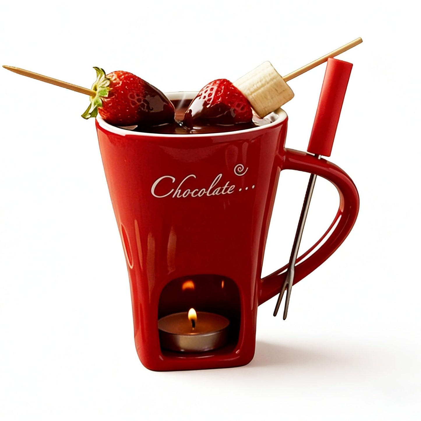 HOMEFISH Mini Fondue Set - Ceramic Chocolate Fondue Mug with Forks, 130ml Melting Cup for Chocolate & Cheese - Perfect Gift Set for Date Night, Valentine's Day & Romantic Occasions (Red)
