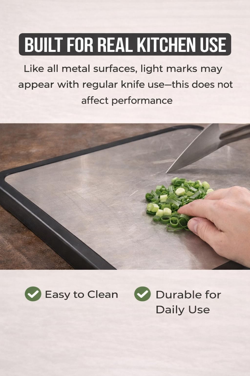Titanium Cutting Board for Kitchen with Scraper – 16” x 11” Double-Sided Metal Cutting Board with Steel Handle, Large Prep Surface
