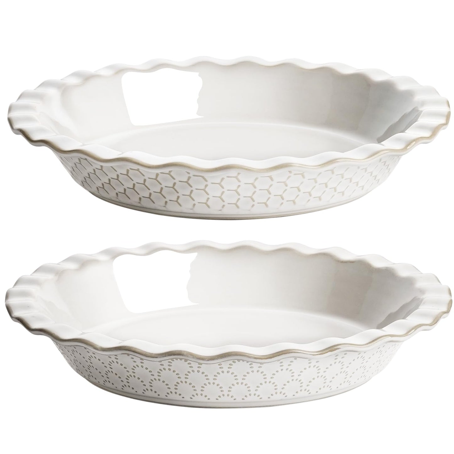 LE TAUCI Pie Pans for Baking 9 Inch, Ceramic Pie Plate for Apple Pie, Round Baking Dish Oven Safe, Embossment Housewarming Wedding Present - 36 OZ, Set of 2, Fireworks + Honey Comb, Arctic White