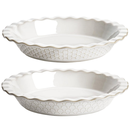 LE TAUCI Pie Pans for Baking 9 Inch, Ceramic Pie Plate for Apple Pie, Round Baking Dish Oven Safe, Embossment Housewarming Wedding Present - 36 OZ, Set of 2, Fireworks + Honey Comb, Arctic White