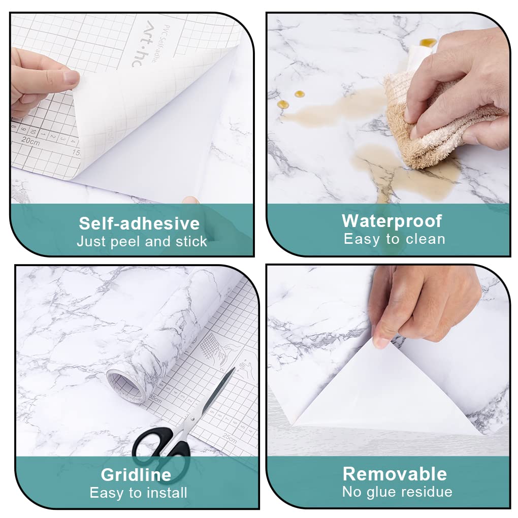 Arthome White Marble Contact Paper - Peel and Stick Wallpaper - Self-Adhesive & Removable Wall Paper for Furniture Desk, Kitchen Countertop, Cabinet, Shelf Liner, Wallcovering, (17"x120")