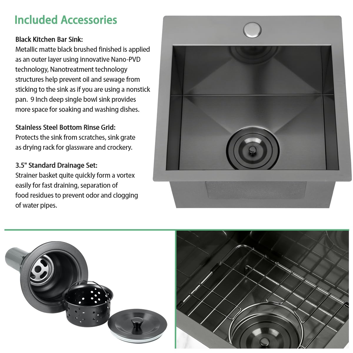 FRANIC 15" Handmade Black Bar Workstation Sink, 15" x 15" x 9" Stainless Steel Matte Nano Black Topmount Single Bowl Small Kitchen Outdoor Sink