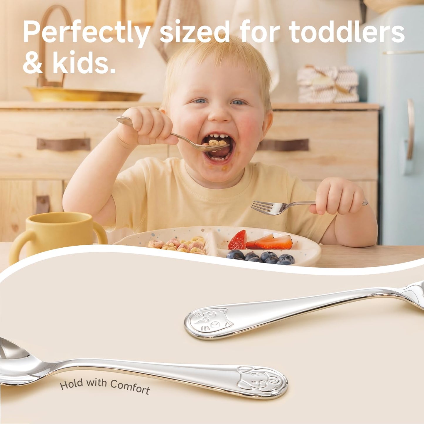 KINGSTONE Toddler Utensils Gift Set, 4-Piece Forks & Spoons, Small & Large, 18/10 Stainless Steel, Cat & Dog Print, Ergonomic Flatware for Toddlers & Kids, Self-Feeding, Children Shower Gift