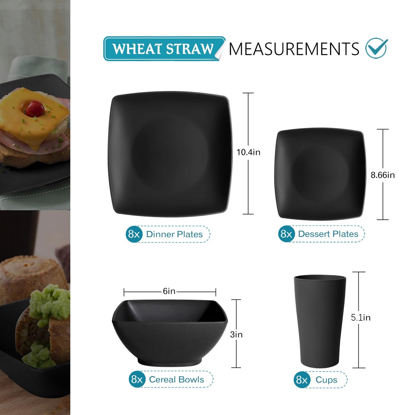 Teivio 32-piece Plastic Wheat Straw Square Dinnerware Set for 8, Unbreakable Dinner Plates, Salad Plates, Snack Bowls, Tumblers, Dishwasher Safe, Outdoor Kitchen Dinning RV Essentials Dish, Black