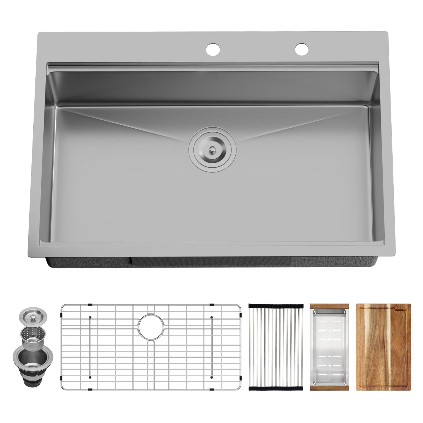 33x22 Drop In Kitchen Sink Workstation - Couoko 33 Inch 16 Gauge T304 Stainless Steel Drop In Sink Large Deep Handmade Single Bowl Kitchen Sinks with Accessories, 33"x22"x9"
