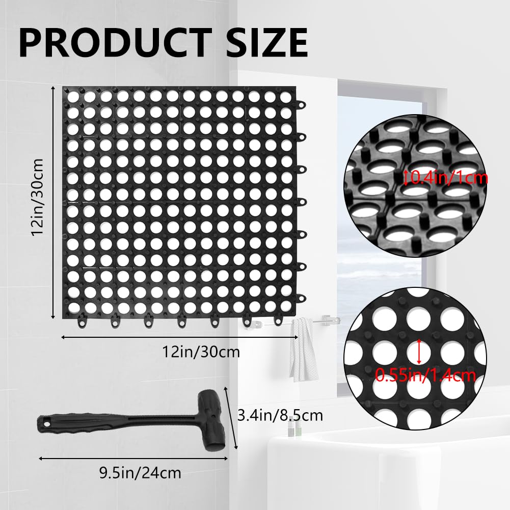 30 Pack Drainage Interlocking Tiles, 12”x12” Modular Interlocking Floor Tiles with 1 Pc Plastic Hammer Non Slip Rubber Floor mat with Holes for Pool Bathroom Deck Kitchen Patio