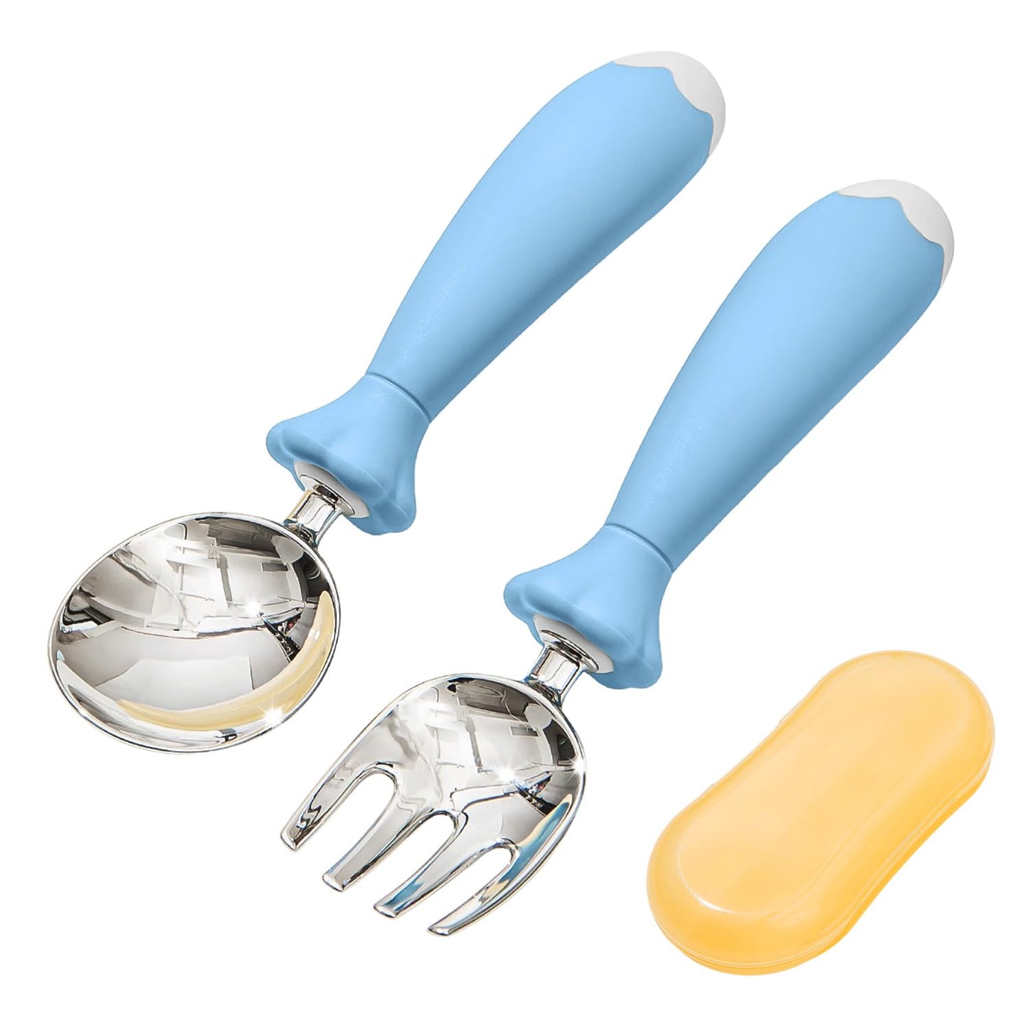 KINGSTONE Toddler Utensils with Case, Kids Silverware Set with Silicone Handles, 18/10 Stainless Steel Children Safe Forks and Spoons, Travel Carrying Cases BPA Free, Dishwasher Safe (blue)