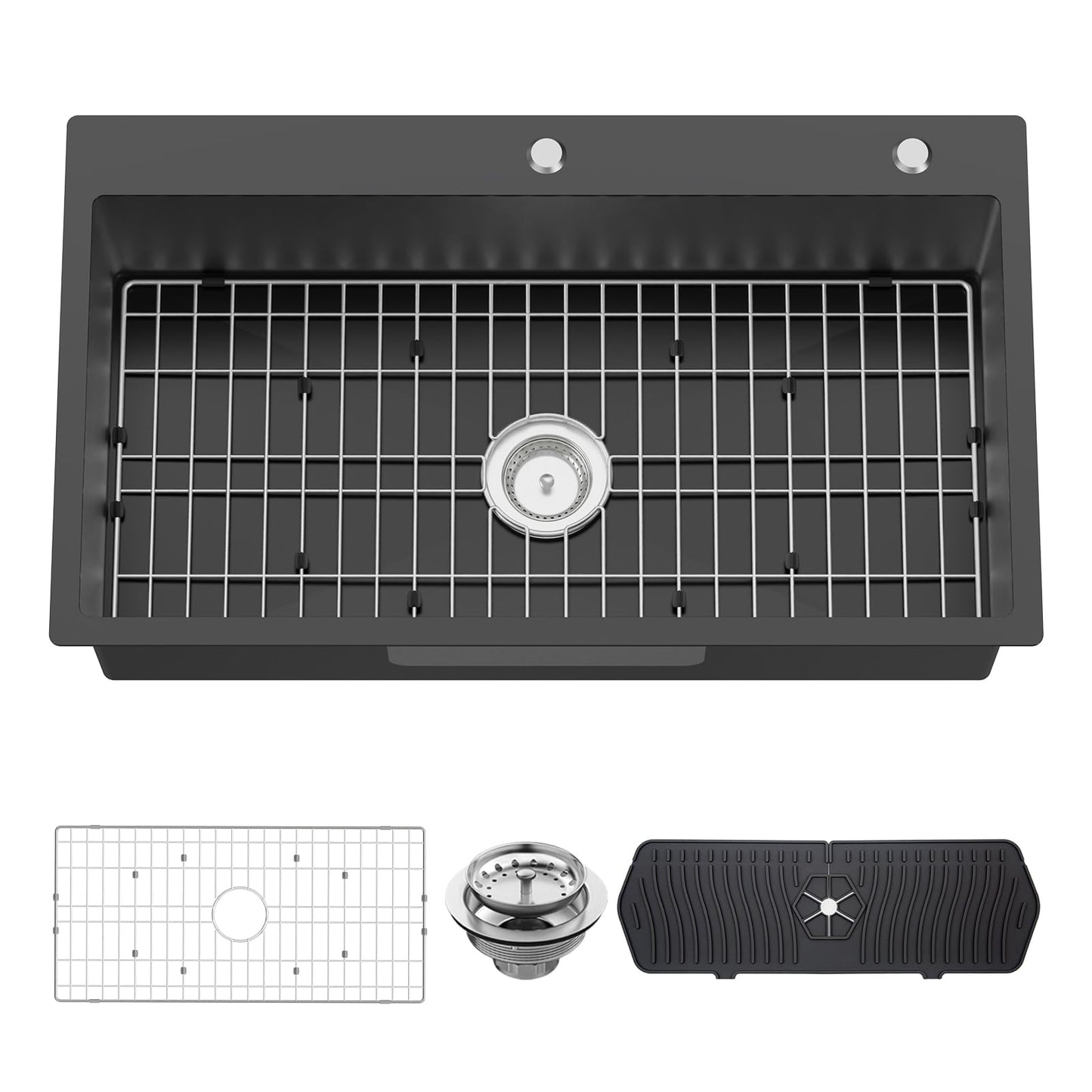 Black Kitchen Sink, 33x19 Inch Stainless Steel Drop In Modern Large Single Bowl Topmount Kitchen Sink Gift Combo-SS Grid,Silicon Mat, Drain Strainer Set Compatibility With Various Kitchen&Bar Styles