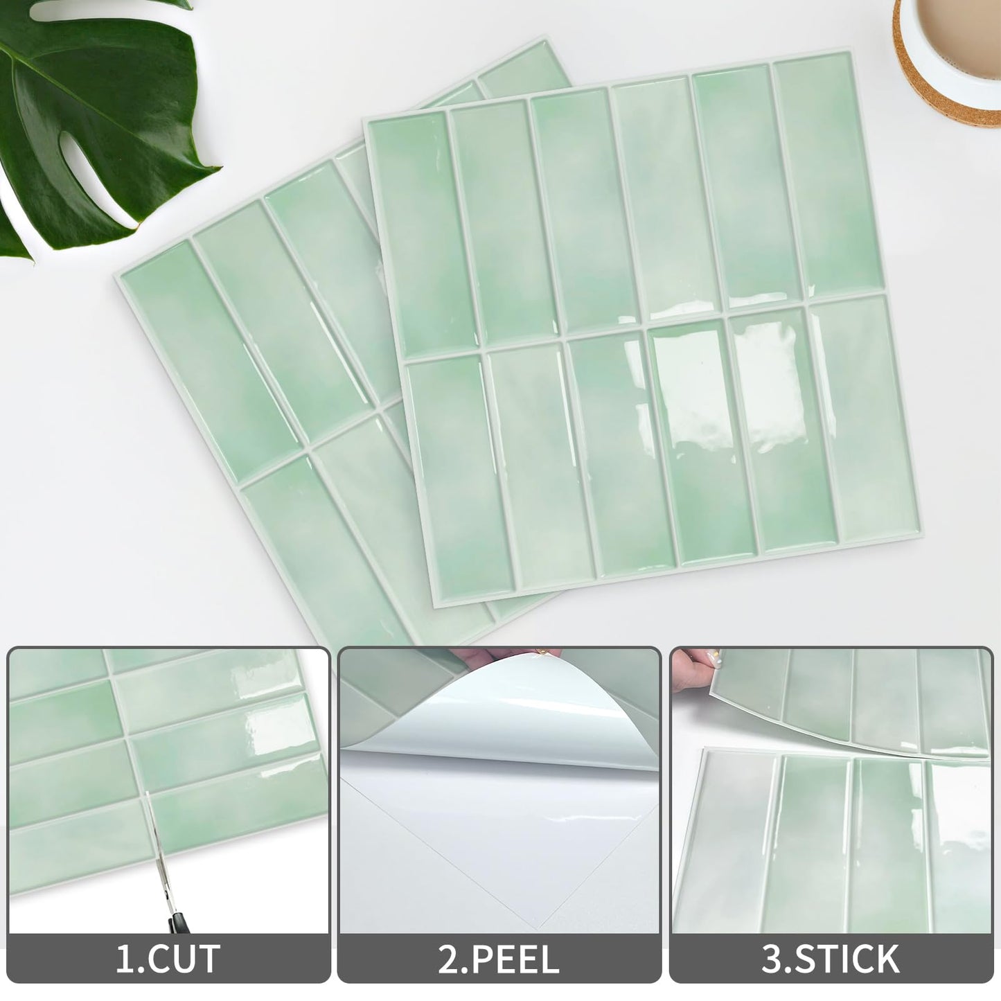 10 Sheet Peel and Stick Subway Kitchen Backsplash Tiles,3D Rectangle Waterproof Self-Adhesive Wall Tile Stick on Backsplash for Kitchen,Bathroom and Fireplace(Light Green,12"×12")