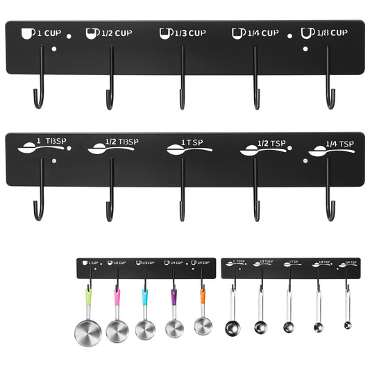 ProtectHobby 2 Pack Measuring Cups and Spoons Hanging Rack, Black Hanging Cups and Spoons Rack, Space Saving Kitchen Utensil Holder, Including Screw and Adhesive Mounting