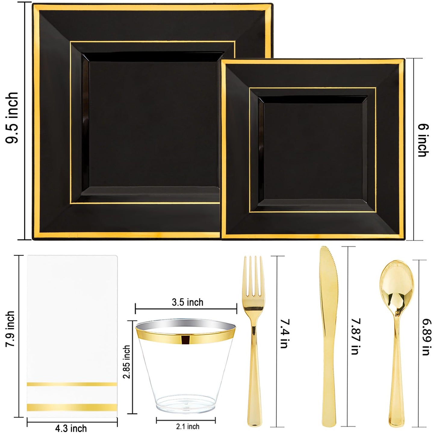 Festiva 350Pcs Black and Gold Plastic Plates-50Guests Disposable Square Black Dinnerware Set include 100 Plastic Plates,50Cups,150Plastic Cutlery,50Napkins for Birthday Party &Wedding&Graduation