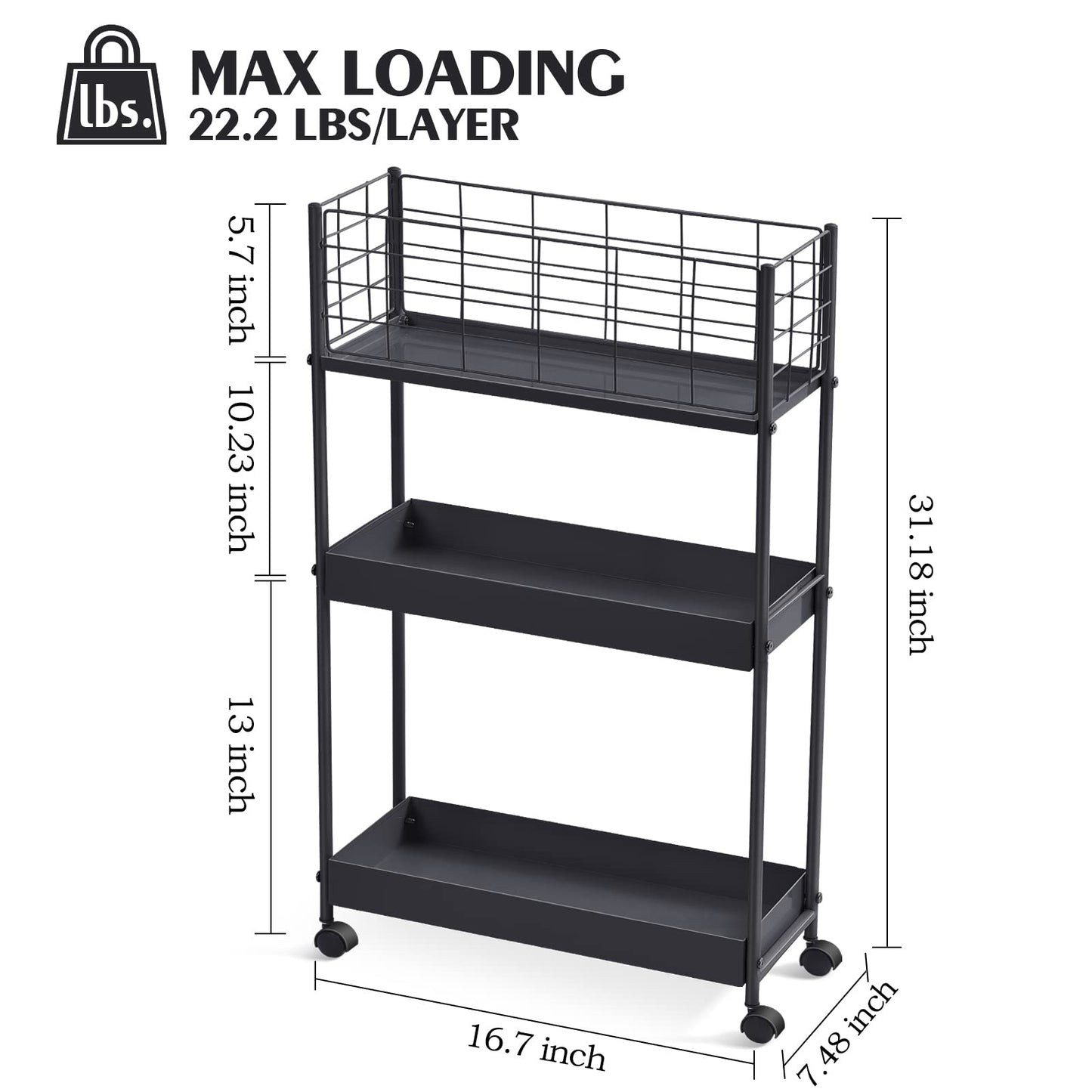 KINGRACK 3-Tier Metal Rolling Cart, Slim Storage Cart, Mobile Shelving Unit Trolley with Wheels, Bathroom Tier,Bathroom Organizer Utility for Laundry Room, Office, Narrow Place, Black