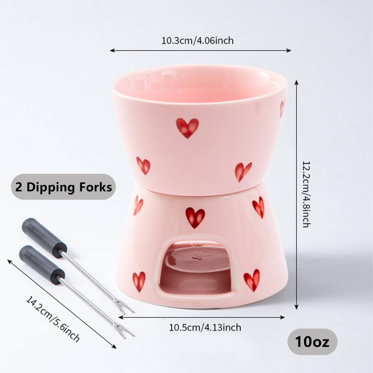 YumiPLUS Sweet Cheese Fondue Cup with 2 Dipping Forks, Ceramic Chocolate Melting Cup Set, Individual Fondue Mug for Dessert, Small Chocolate Melter for Dating/Anniversary/Gift/Valentine (Pink)