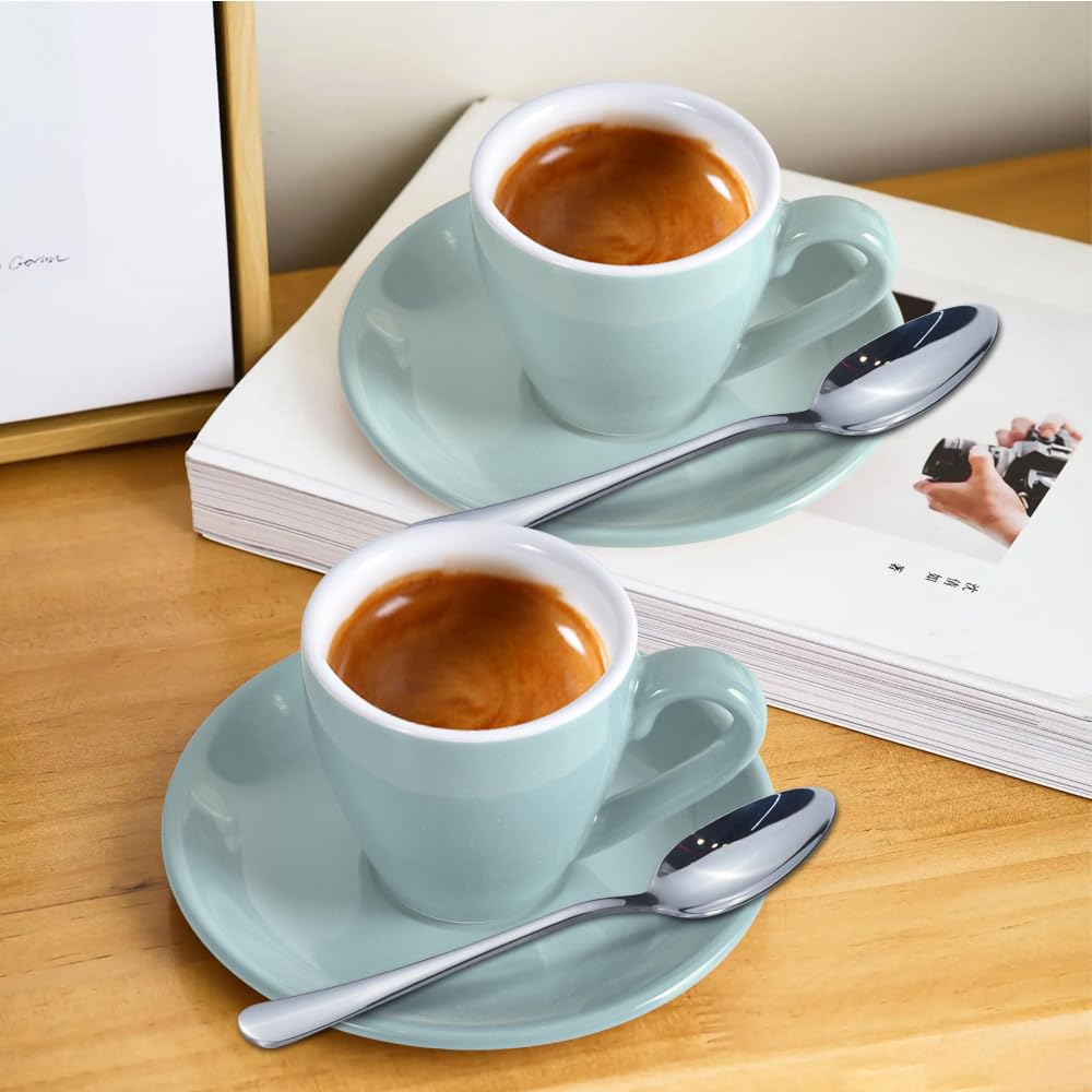 ionEgg Porcelain Espresso Cup with Saucer And Stainless Steel mini Spoons, Espresso shot Cup, 80ml/2.7Oz, Pack of 2, Blue