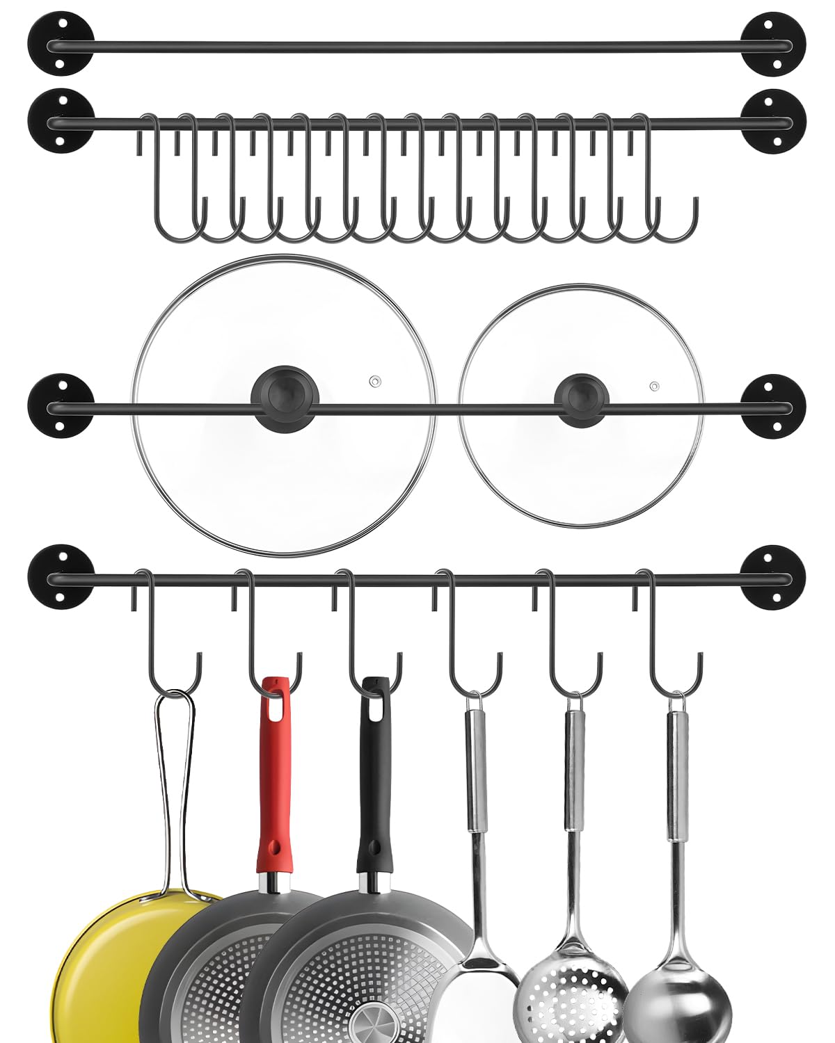 Tolare 4 Pcs Black Iron Kitchen Utensil Rack Wall Mounted Organizer with 20 Hooks, Heavy Duty Kitchen Rail with Hooks for Pots Pans Lids Storage, Space Saving Wall Hanger Holder for Organization