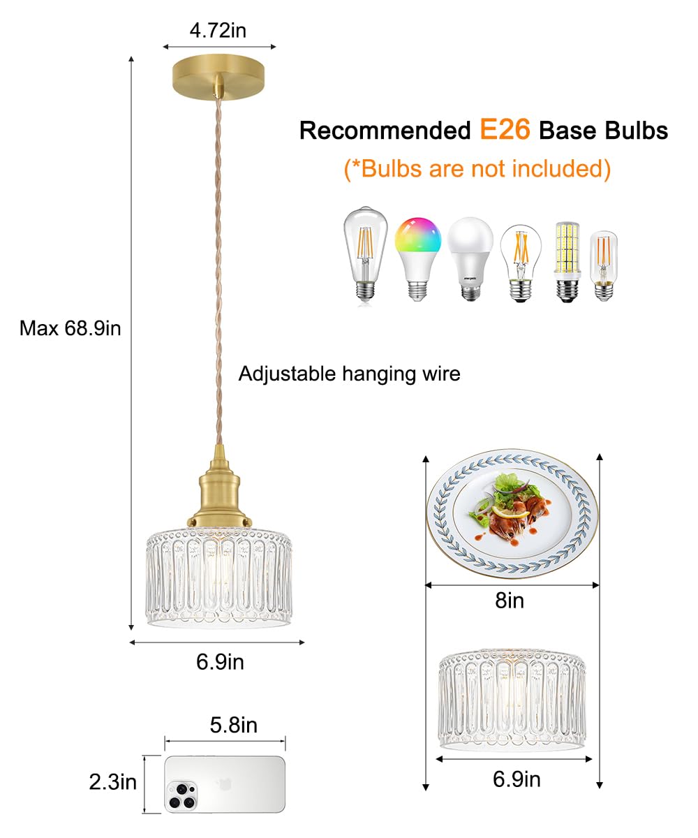 Ditoon Vintage Pendant Lights for Kitchen with Clear Striped Glass Shade, 6.9 In Brushed Gold Pendant Lights Kitchen Island, Small Kitchen Island Lighting Adjustable Hanging Light for Entrance Hallway