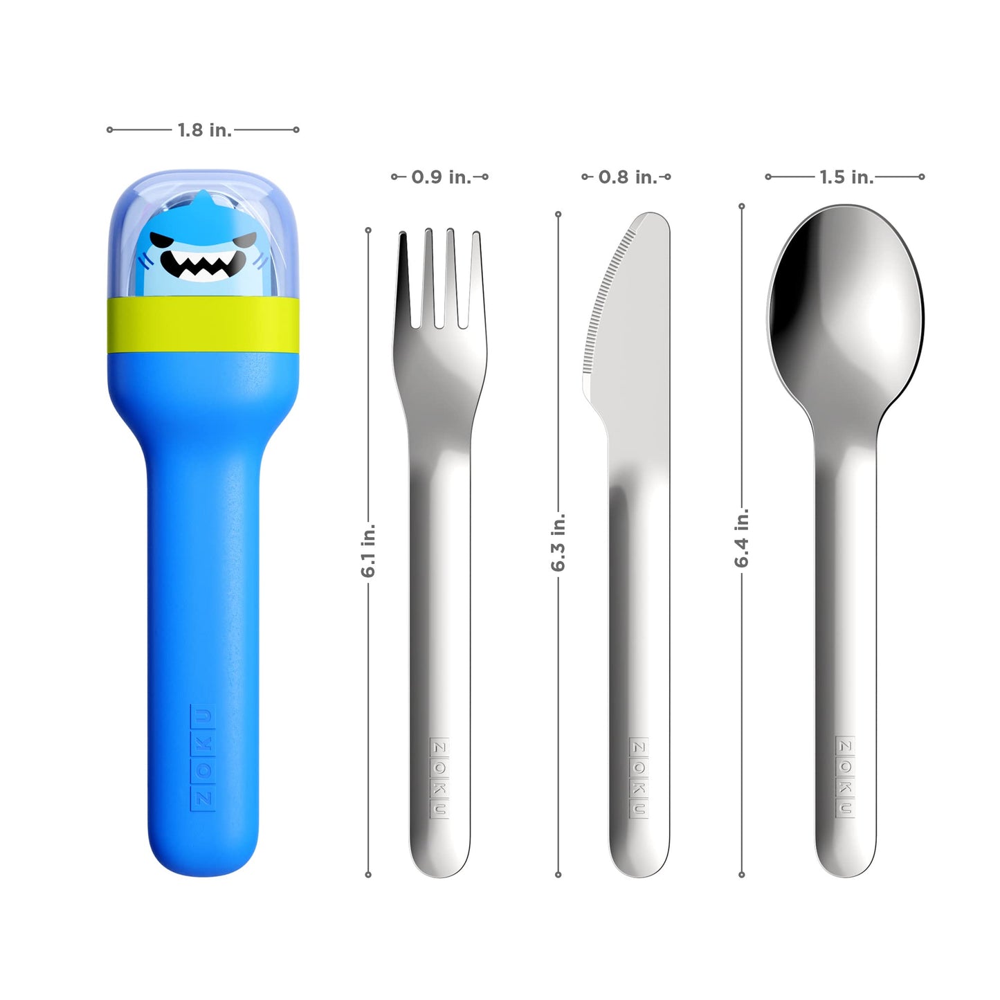 ZOKU Kids Pocket Utensil Set, Shark - Stainless Steel Fork, Knife, and Spoon in Case - Portable Design for Travel, School, Picnics, Camping and Outdoor Home Use