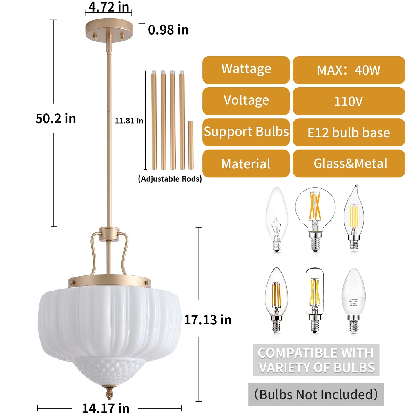 Blhxian Milk Glass Pendant Light,14" Brass Chandelier,Ceiling Light Fixture Chandelier with Milk Glass Shade,Adjustable Height Pendant Lights Kitchen Island for Entryway Hallway Kitchen Foyer