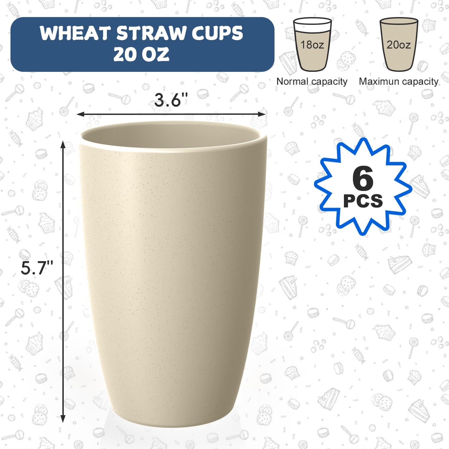 Perlapoc Wheat Straw Unbreakable Cups, Large Cups 20 OZ Set of 6, Alternative to Plastic Cups Reusable, Dishwasher Safe Tumblers & Water Glasses for Kitchen, Parties, Camping, RV, Beige