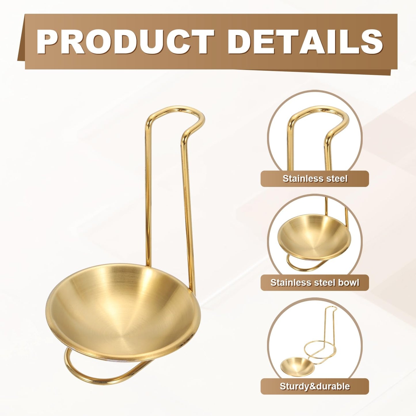 uxcell Spoon Rest Holder, 4.3x4.3x7 Inch Stainless Steel Upright Ladle Rack Set with Round Stainless Steel Bowl, Portable Upright Spoons Rest for Home Kitchen Restaurant Counter, Gold