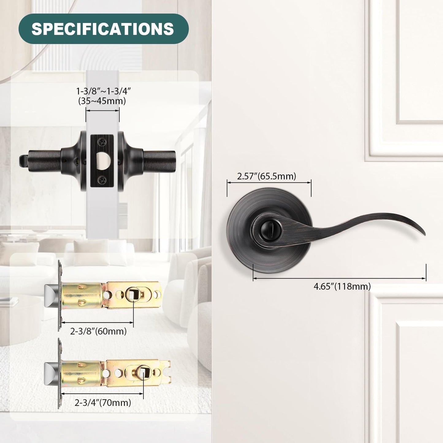GOBEKOR 4 Pack Privacy Door Levers - Oil Rubbed Bronze Keyless Handles for Bedroom and Bathroom - Bronze Wave Interior Handle With Lock