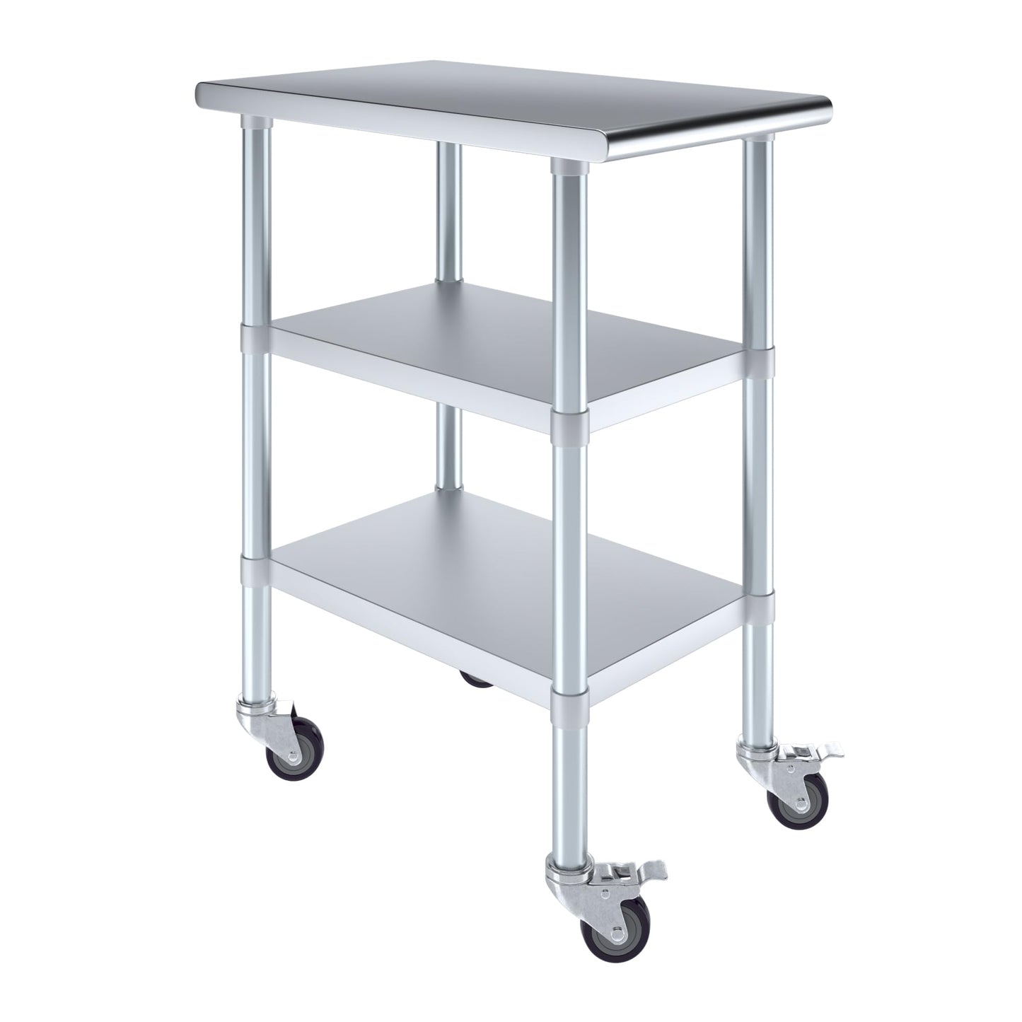AmGood Stainless Steel Work Table with 2 Shelves and Casters | Metal Utility Table On Wheels (Stainless Steel Work Table with 2 Shelves + Casters, 18" Long x 30" Deep)