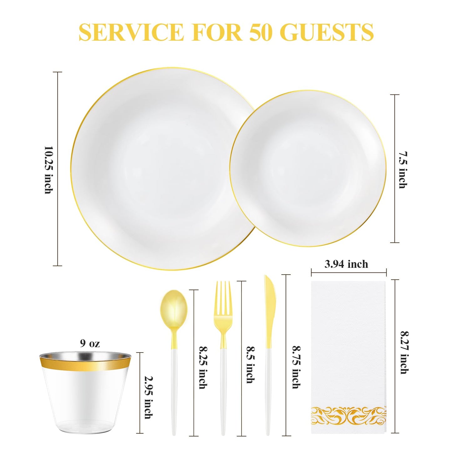 350 Pieces White Gold Plastic Dinnerware Set, Gold Disposable Plates for Party, Graduation, Include 100 White Plates with 150 Plastic Cutlery, 50 Napkins and 50 Cups