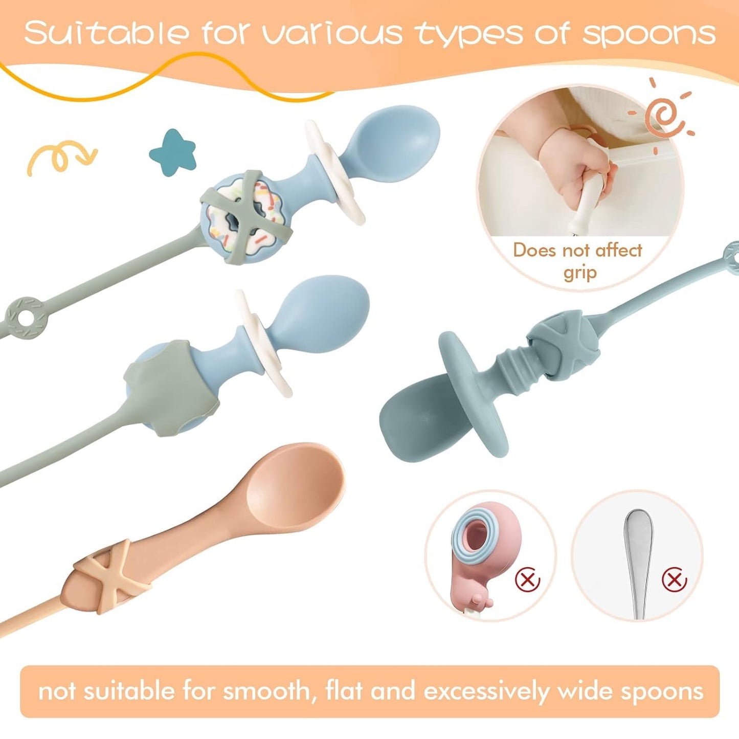 4PK Baby Spoon and Fork with Holder Straps for Kids Aged 6+ Months Self Feeding, No Throw Toddler Travel Essential Leash for High Chair or Bib or Wrist, Silicone Baby Led Weaning Supplies-Green/Green
