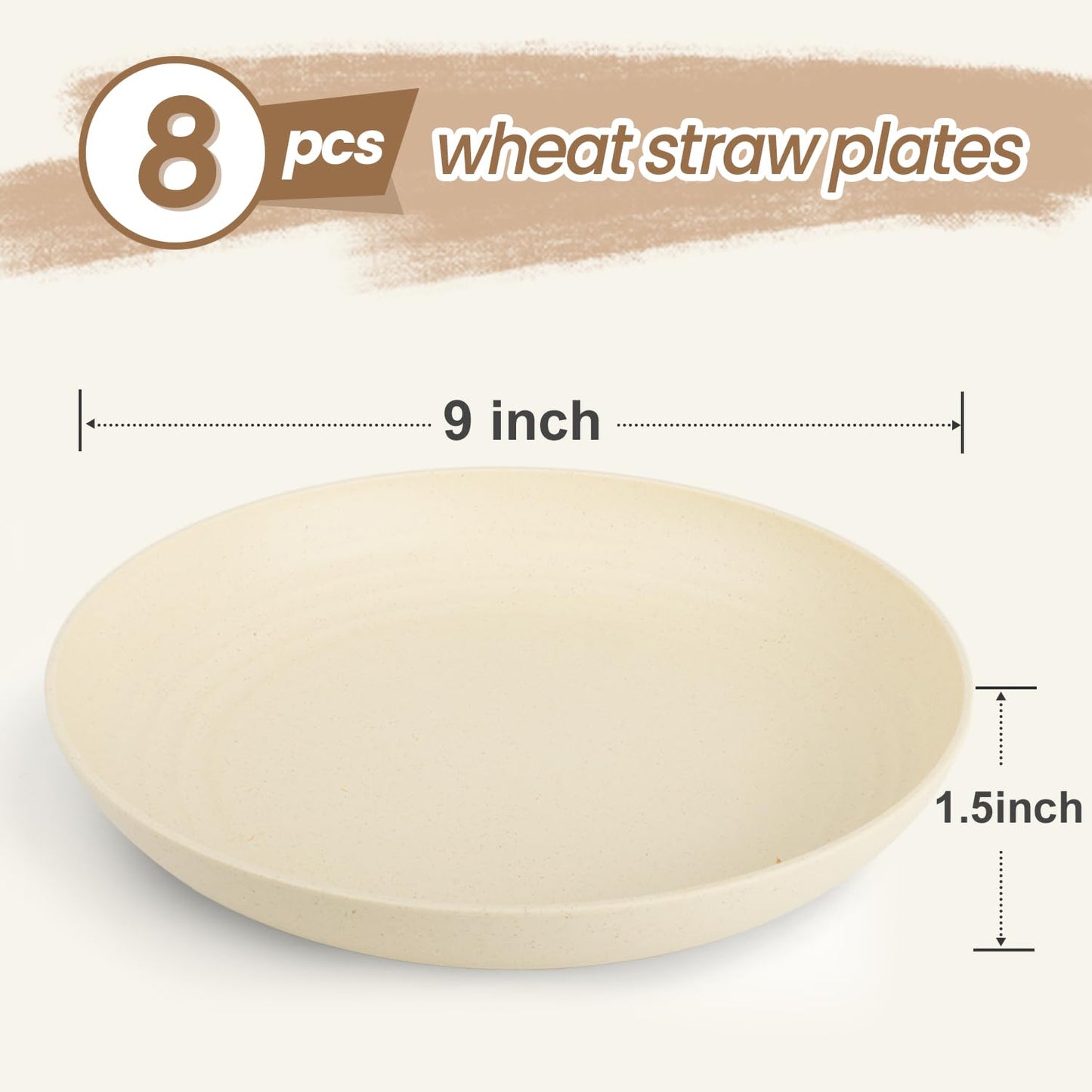 BUSOKIP Deep Dinner Plates Set of 8, Wheat Straw Plate 9 Inch, Lightweight and Unbreakable Plastic Plate Reusable, Microwave & Dishwasher Safe Camping Plates for Picnic, Outdoor, Travel (Beige)