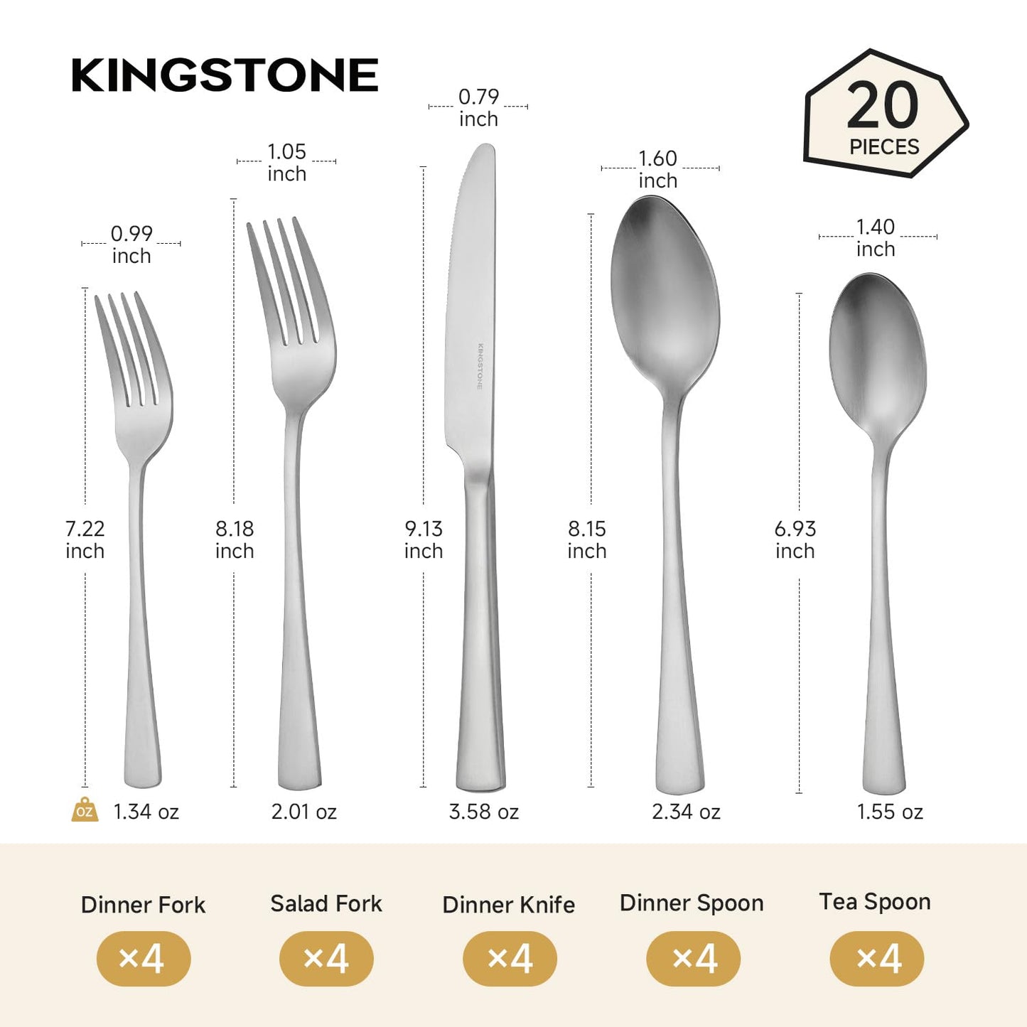 KINGSTONE Forged Silverware Set, 20 Piece Flatware Set for 4, 18/10 Stainless Steel Silverware Matte Satin Finish Dishwasher Safe
