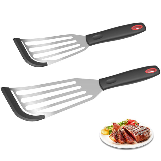 2Pack Silicone Fish Spatulas for Nonstick Cookware,Fish Turner Spatula Stainless Steel with Heat Resistant Silicone Edge,Metal Slotted Spatula for Flipping Fish Egg Patties Fries Pancake Steak (Black)