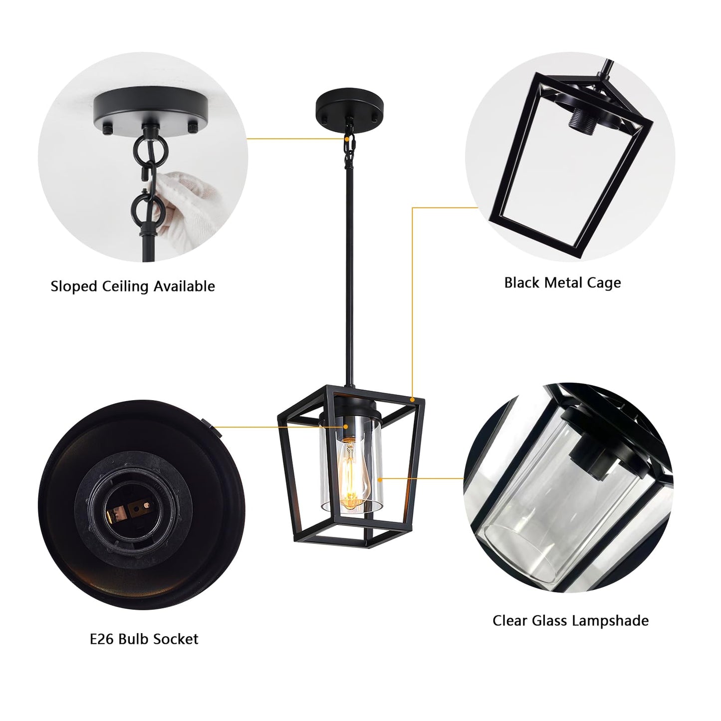 SGLfarmty 1-Light Black Pendant Lights Kitchen Island, Modern Farmhouse Cage Metal Adjustable Lantern Hanging Light Fixture with Glass Shade for Over Sink Dining Room Entryway Hallway