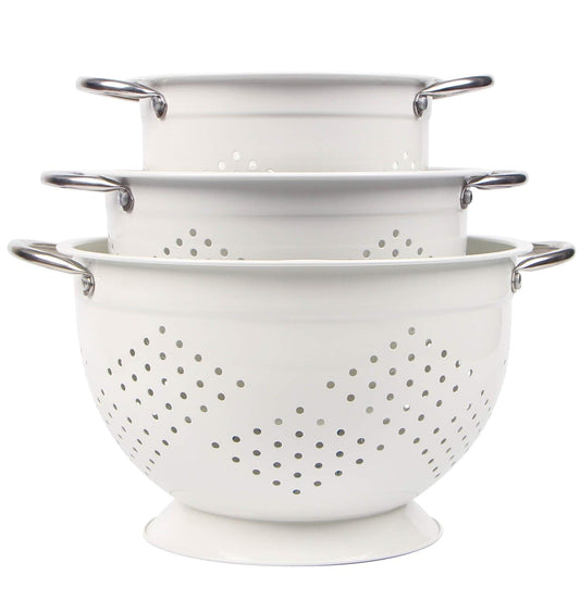 Rorence Powder Coated Steel Colanders: 1.5 Quart 3 Quart & 5 Quart Set of 3 - White