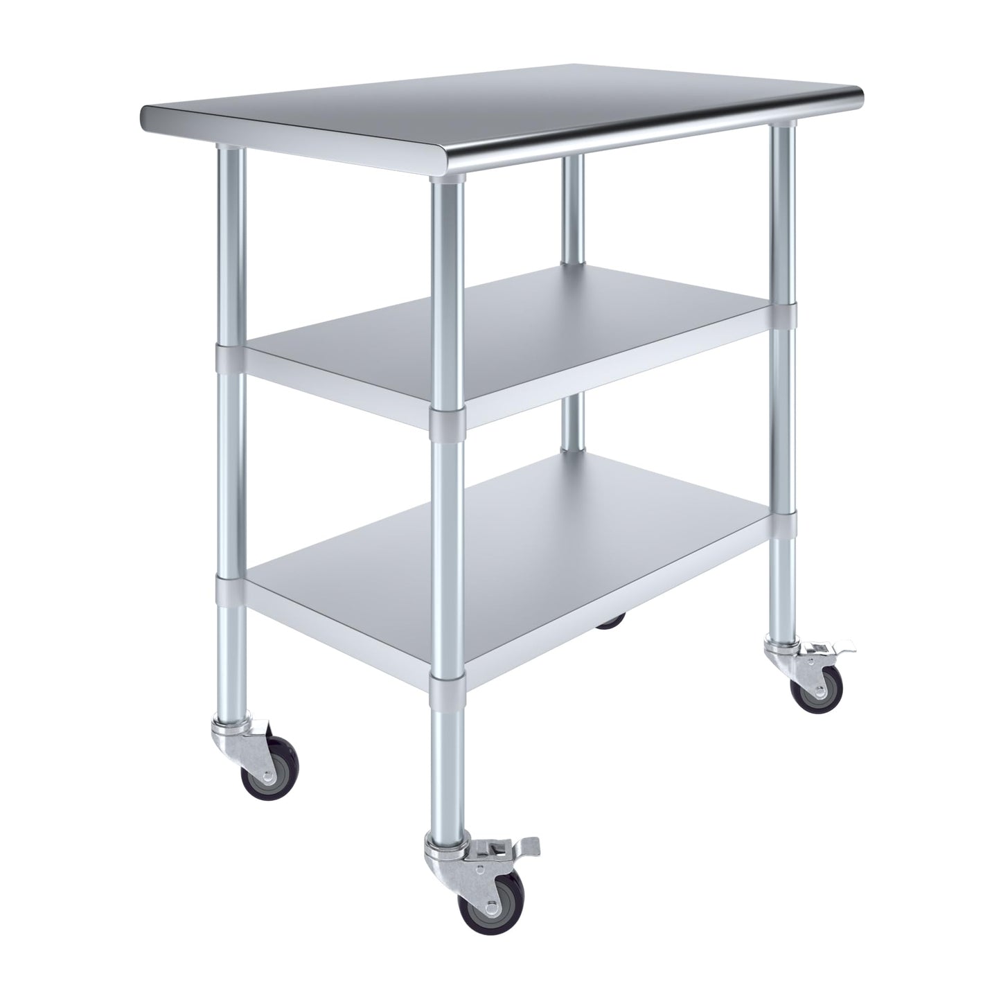 AmGood Stainless Steel Work Table with 2 Shelves and Casters | Metal Utility Table On Wheels (Stainless Steel Work Table with 2 Shelves + Casters, 36" Long x 24" Deep)