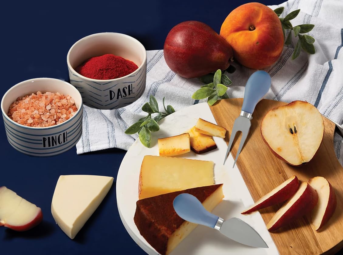 Charcuterie Board Set, Marble and Wood. 11.8'' Diameter Serving Tray, with Pinch and Dash Ceramic Bowls, Cheese Fork and Knife Set, and Towel. Perfect for Entertaining Guests