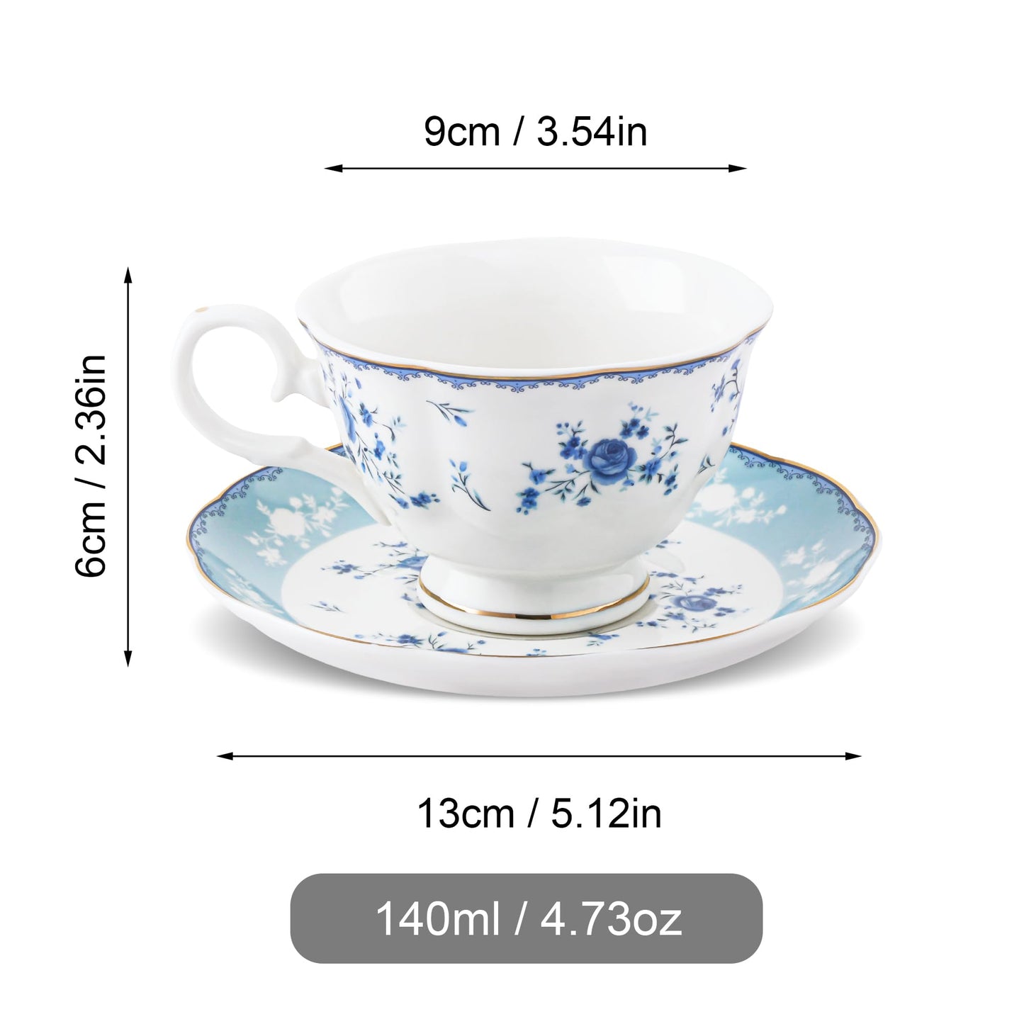 fanquare 5 Ounces Blue Rose Tea Cup Set of 6, Gold Trimmed Porcelain Coffee Cups for Party Home, Vintage British Afternoon Cup and Saucers