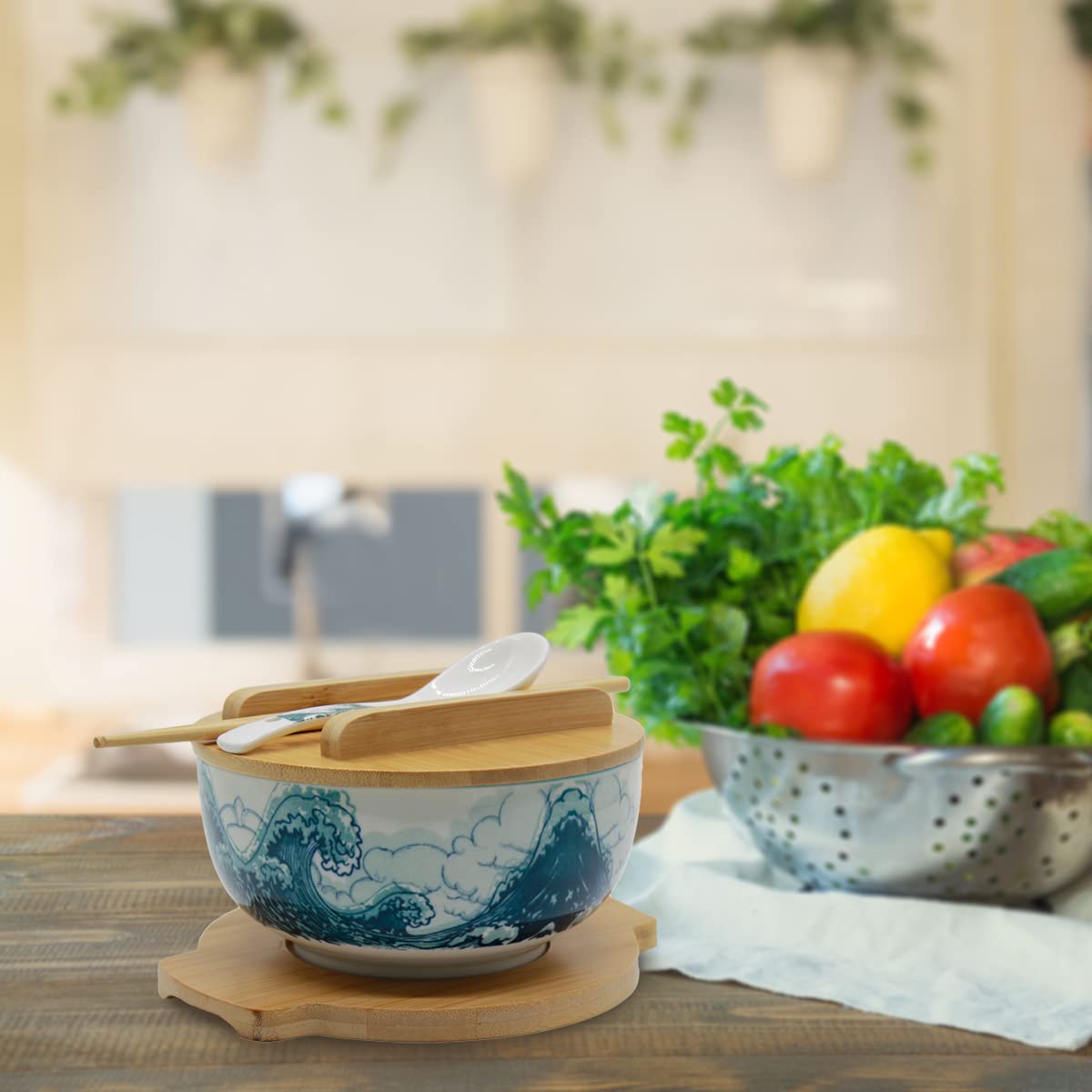 XWORLD Japanese Ceramic Ramen Noodle Bowls Set with Ceramic Spoon, Bamboo Chopsticks, Lid & Trivet, Serving Capacity of 33.8 OZ, Microwavable Oven Safety (3.3” x 6.6” D) (Blue Sea)