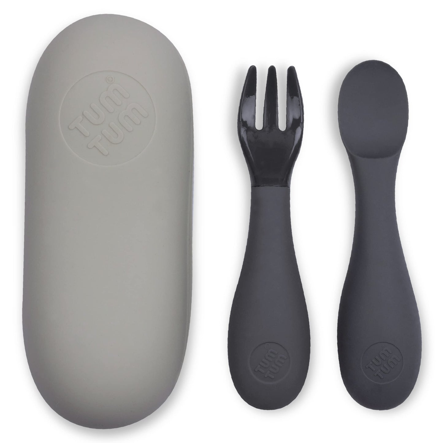 TUM TUM Baby Cutlery Set With Case, Spoon & Fork for Self Feeding, Silicone, 6 Months Plus (Grey)