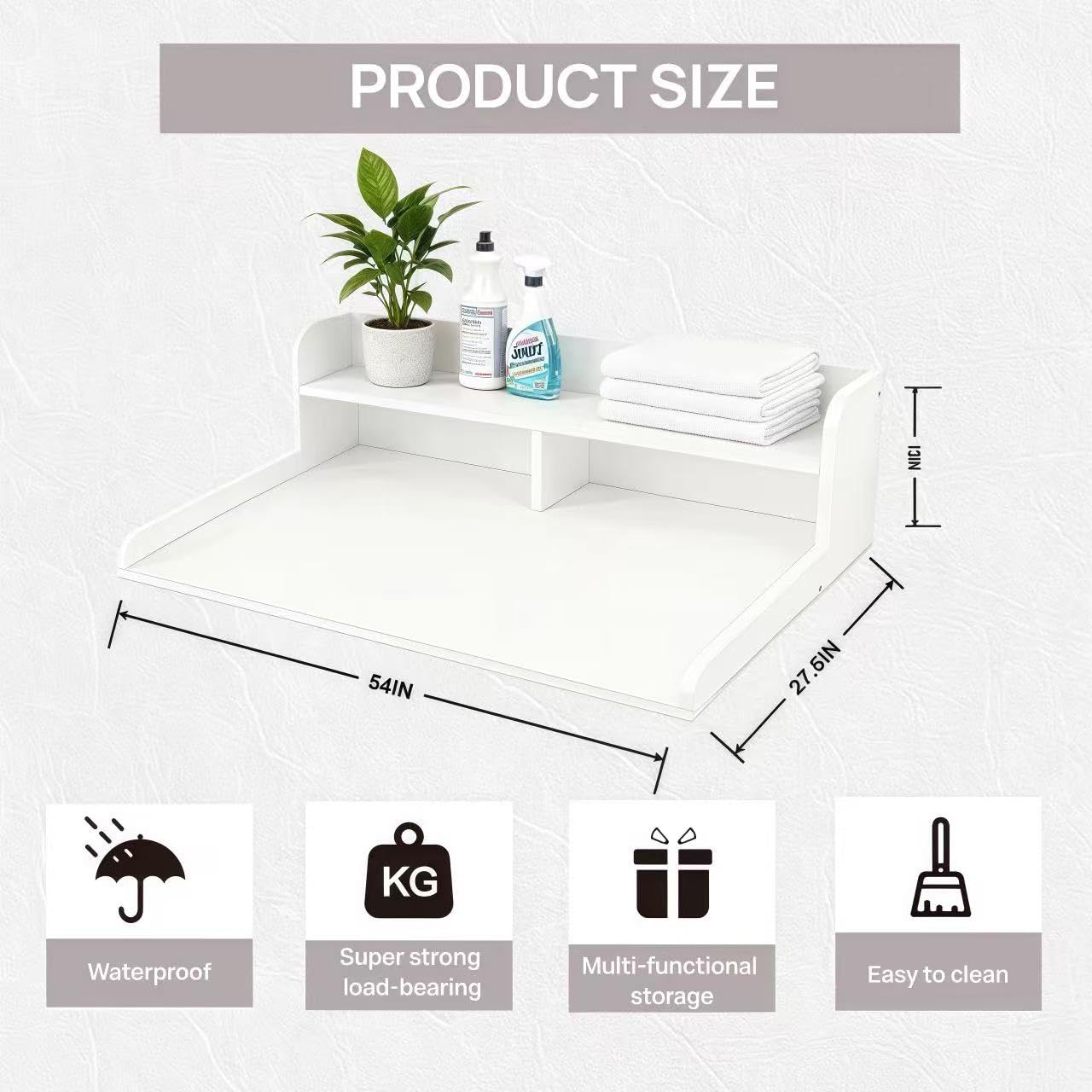 NAT Maya 2-Tier Washer and Dryer Countertop, 54" W x 27.6" D Laundry Room Organization,Washer Dryer Topper Storage for Folding Clothes Over Washer and Dryer-White