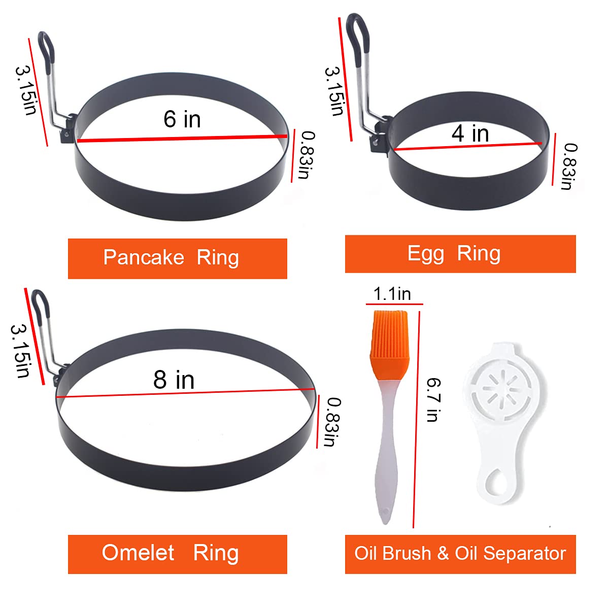 Stainless Steel Egg Cooker Set - 8" Omelette Ring, 6" Pancake Ring, 4" Griddle Egg Ring - Non-stick, Upgrade Large 3 Packs Egg Cooking Rings with Oil Brush & Egg Separator